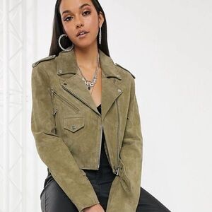 Olive Green Suede Leather Moto Jacket ASOS